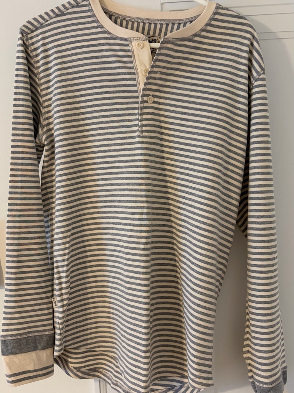 Men's Cream and Gray Striped Long-Sleeve Henley Shirt